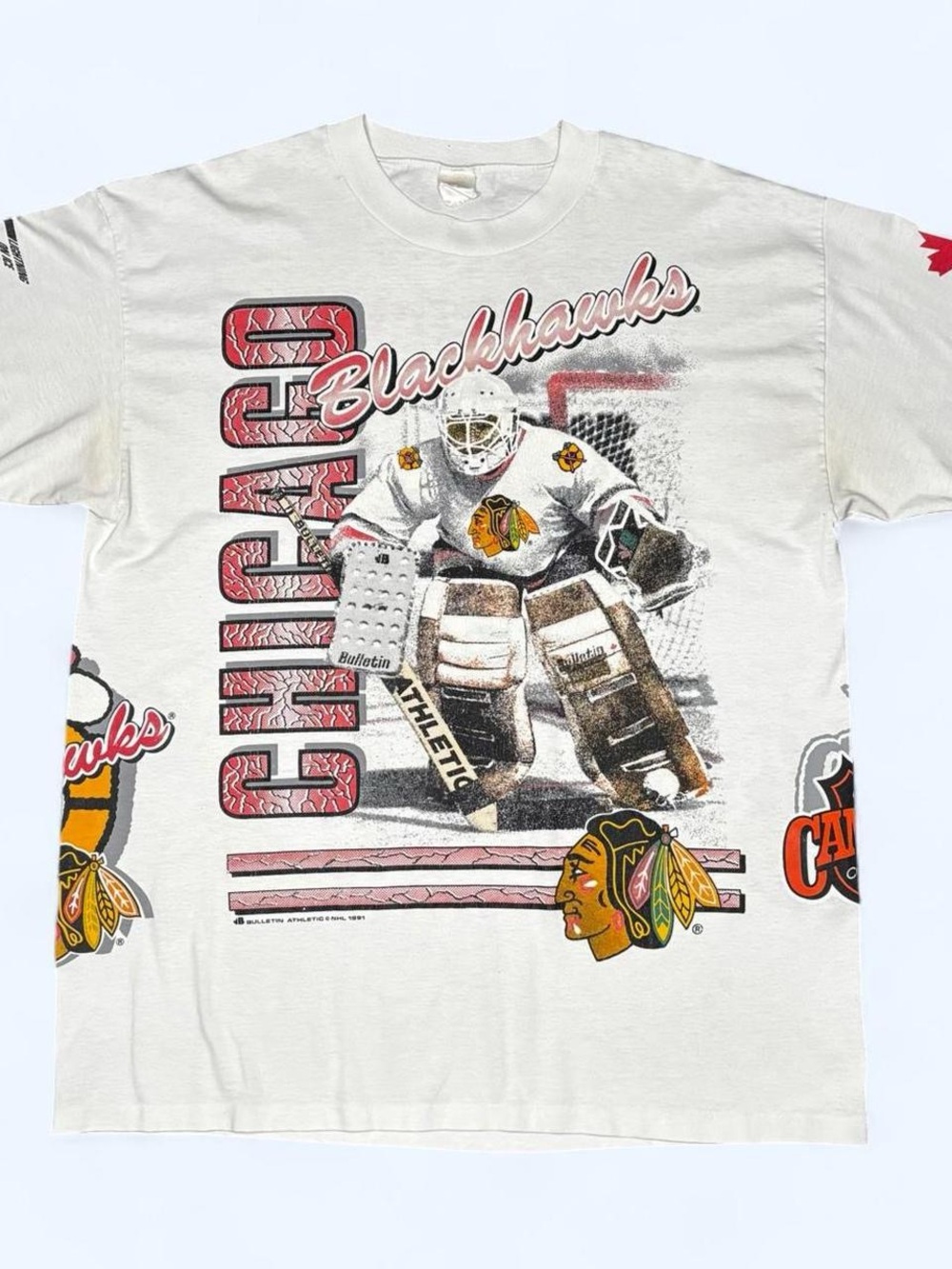 1991 Chicago Blackhawks AOP All Over Print Goalie T Shirt Bulletin Athletic NHL
